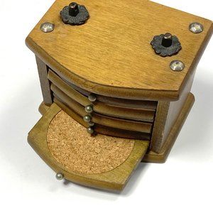 Vintage MCM Wooden Coaster Set Drawers Drinks Bar